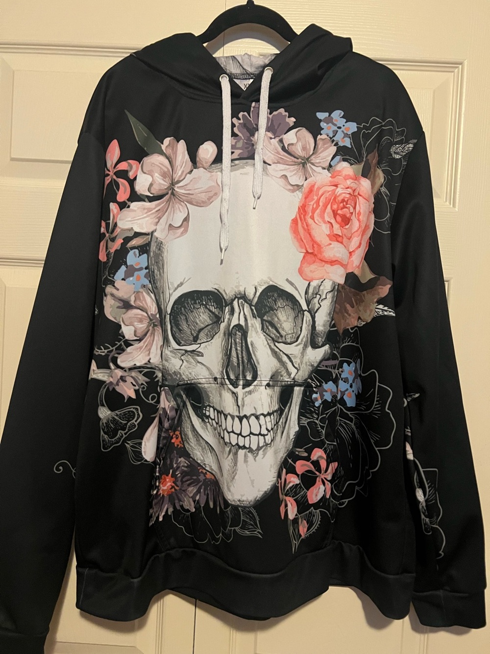 Black Floral Skull Hoodie Sweatshirt - Men XXL